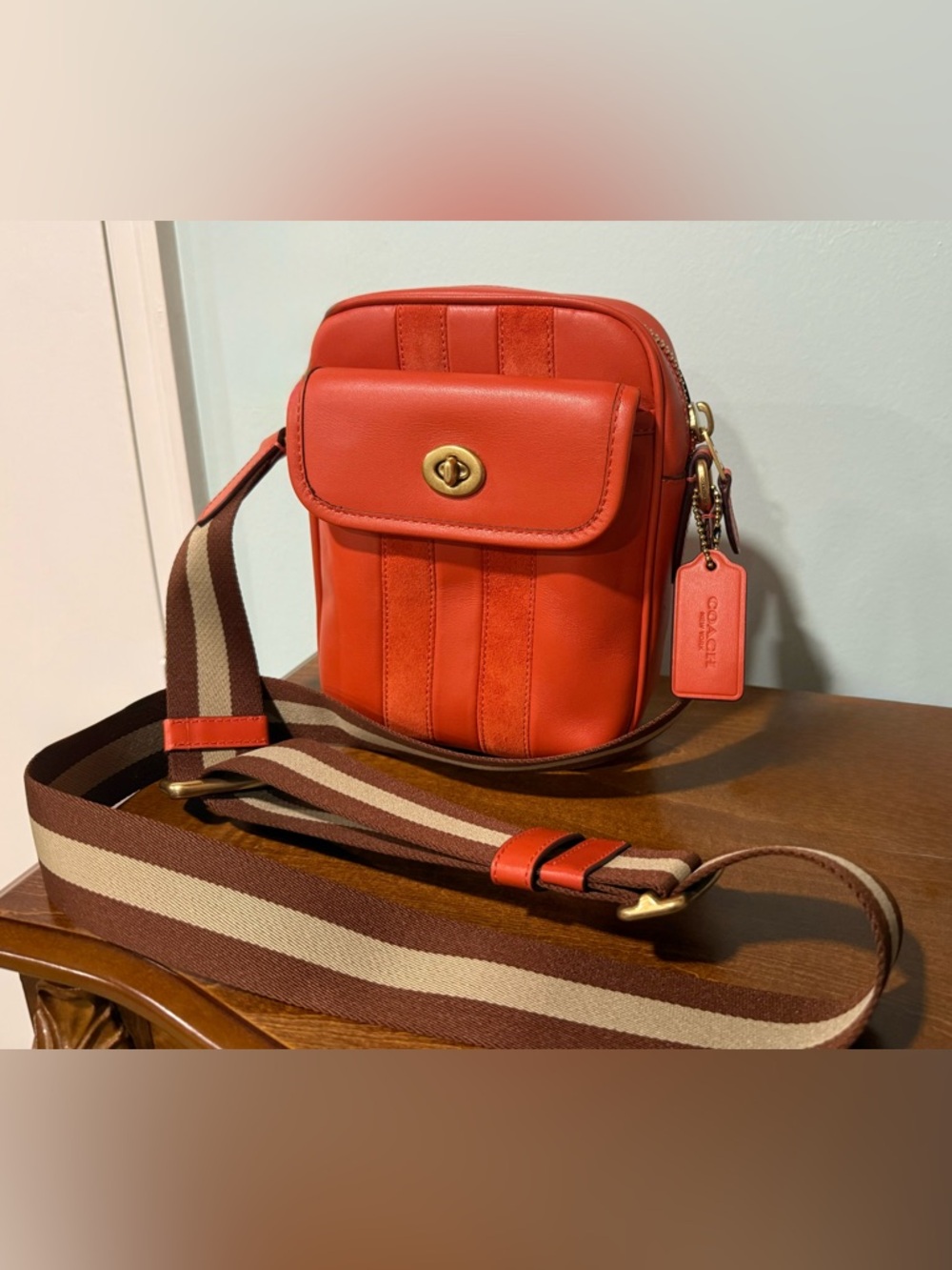 Coach Heritage Orange Smooth Leather Crossbody Turnlock Camera Bag Striped Strap - Picture 2 of 13